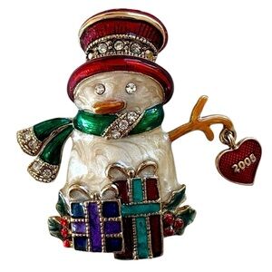 Monet signed Christmas pin with heart dangle and presents marbled enamel snowman